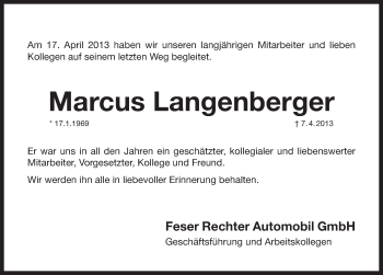 Traueranzeige von Marcus Langenberger von Pegnitz-Zeitung